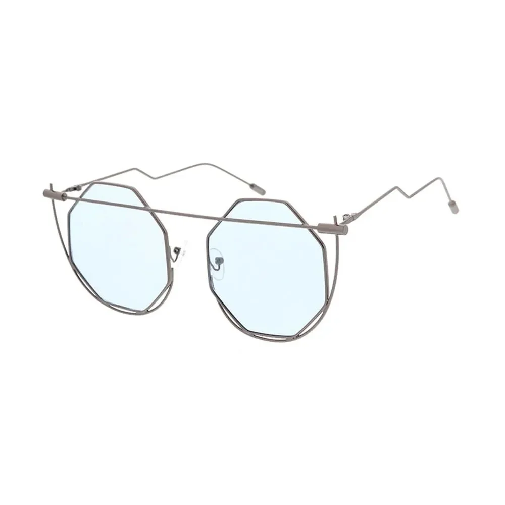 Geometry Glam: Women's Large Octagonal Wire Frame Blue Sunglasses